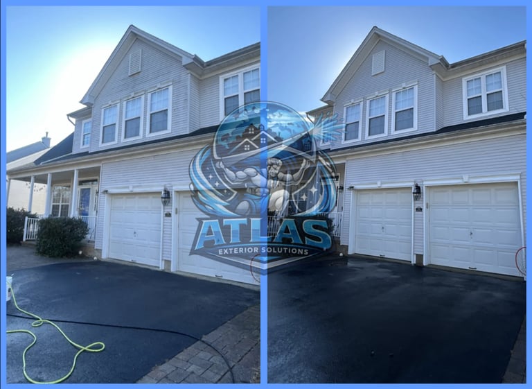 Before and after comparison of home exterior cleaning, showing driveway transformed from dirty to clean