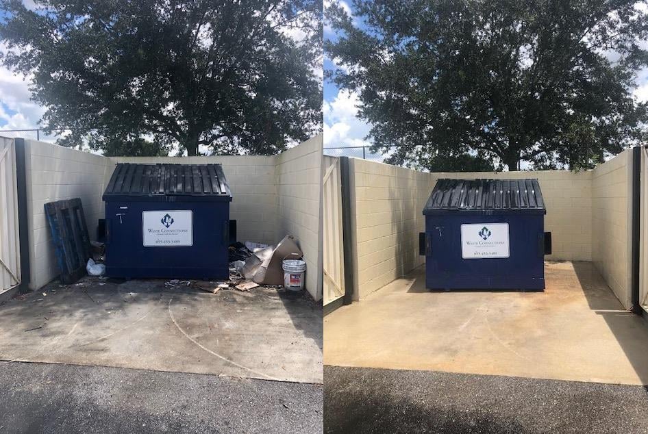 Before and after comparison of dumpster enclosure cleaning. Left shows cluttered area with debris, right shows clean organized space with tan flooring.